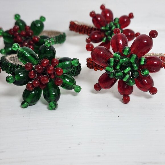 6 Red Green Glass Beaded Napkin Rings Holders Floral Set vtg holiday Christmas - Picture 5 of 11